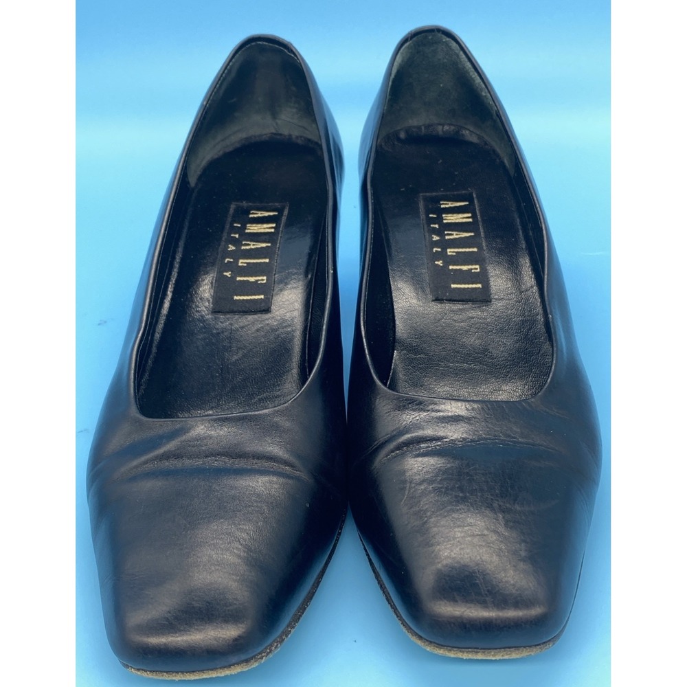 AMALFI Black Leather Pumps Block Heels Square Toe Sz 8B US‎ Made in ITALY